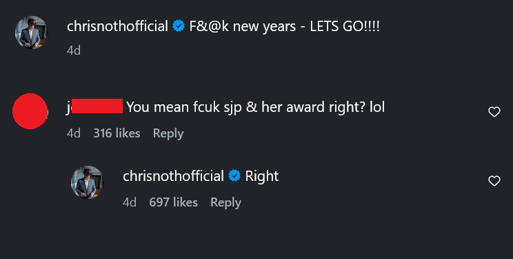 A dark mode screenshot of Chris Noth responding to a simp comment on Instagram.