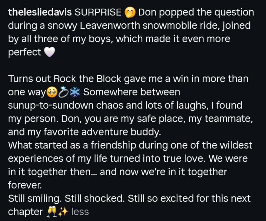 A dark mode screenshot of Leslie Davis' Instagram caption.
