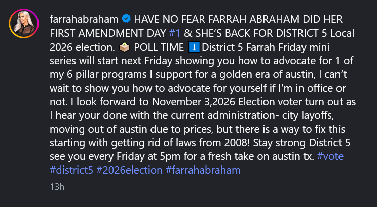 Una captura de pantalla en modo oscuro de la candidatura de Farrah Abraham al Concejo Municipal de Austin.