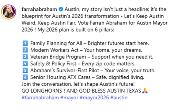 Una captura de pantalla terrible en modo de luz del mensaje de la alcaldesa de Austin 2026 de Farrah Abraham.