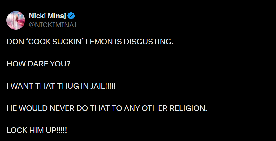 A dark mode screenshot of Nicki Minaj's homophobic tweet.