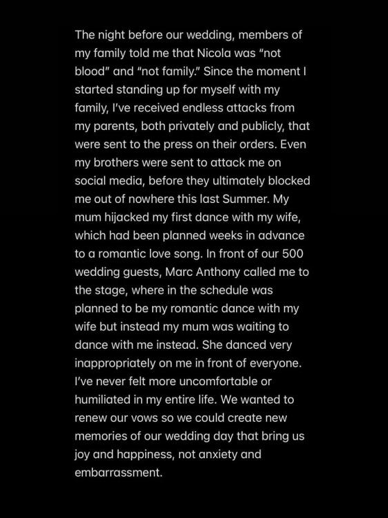 An Instagram Story text post from Brooklyn Beckham about his wedding.