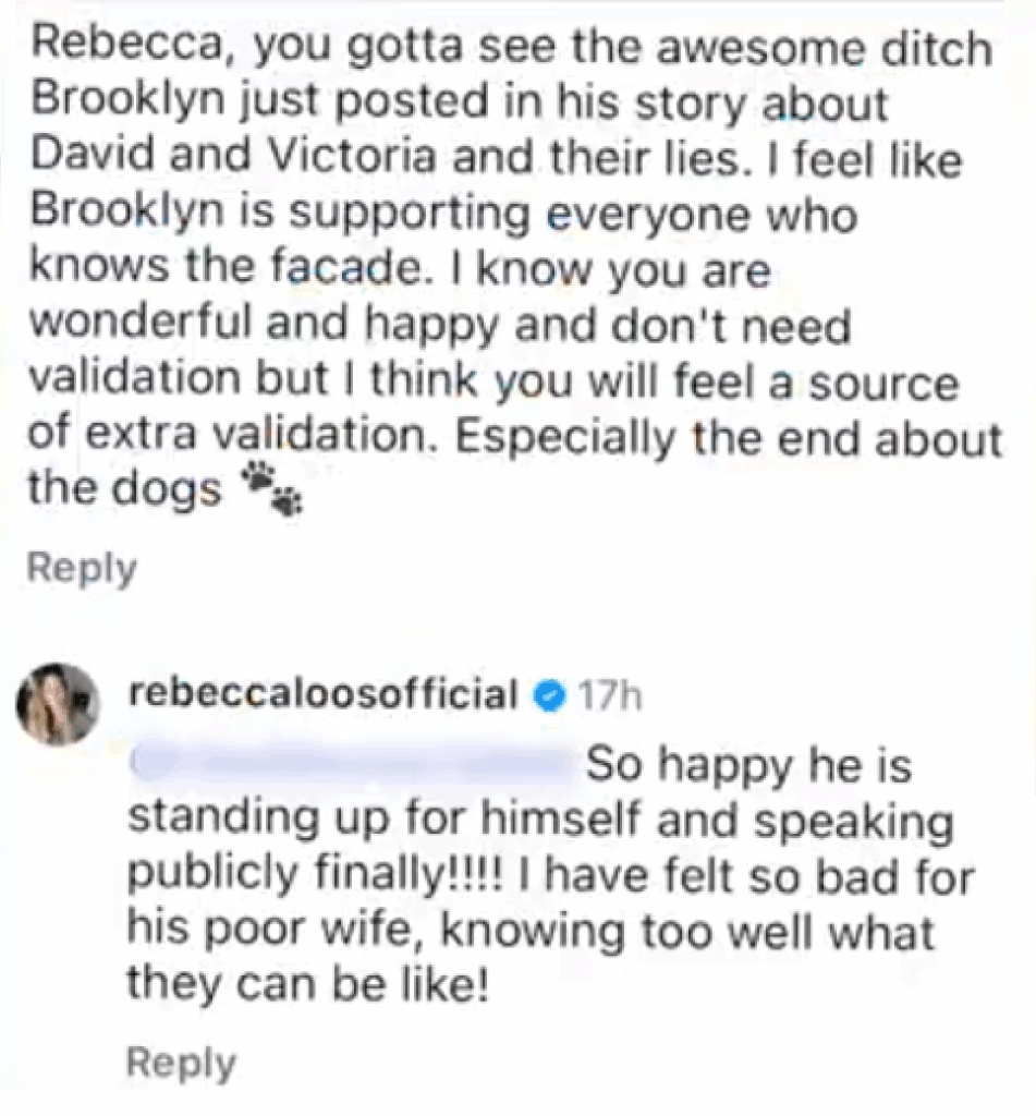 A light mode screenshot of Rebecca Loos' comment.