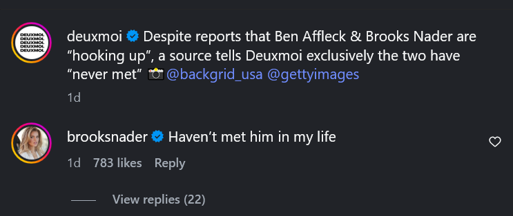 A dark mode screenshot of Brooks Nader's Instagram comment.