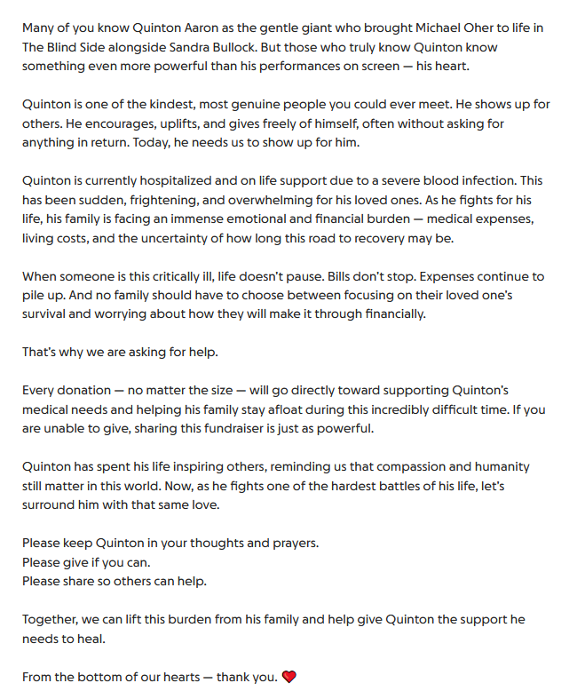 Captura de pantalla de GoFundMe para el actor de 'The Blind Side' Quinton Aaron.