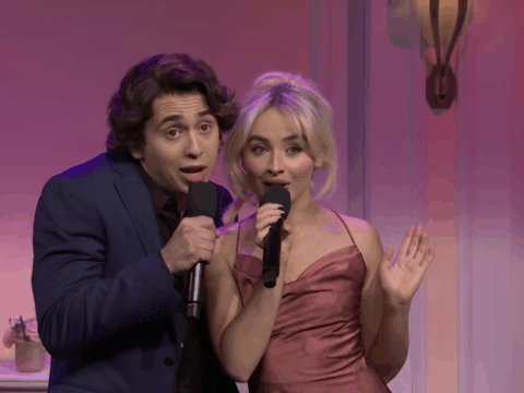 Marcello Hernández as Domingo and Sabrina Carpenter on SNL.