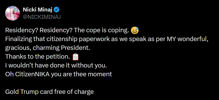 Una captura de pantalla en modo oscuro de un tweet de Nicki Minaj.