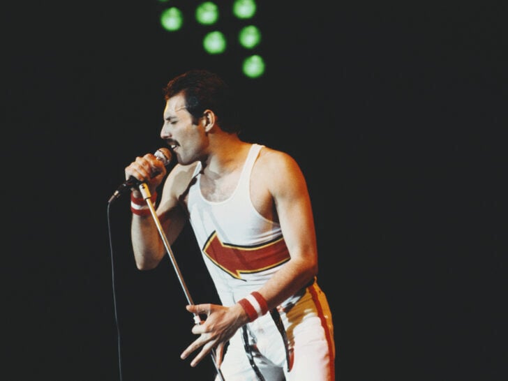 British singer and songwriter Freddie Mercury of rock band Queen performs at Leeds Football Club, England, 29th May 1982.