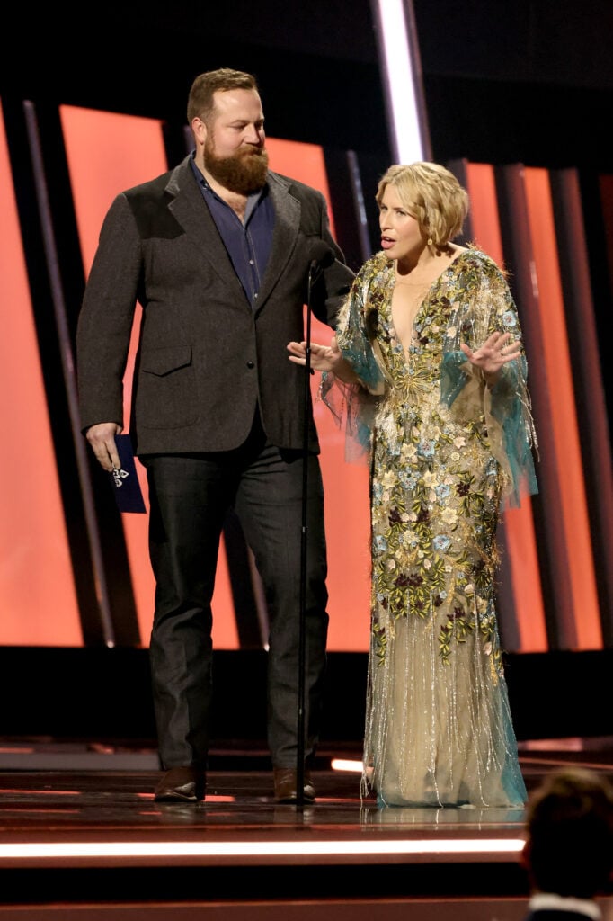 Ben Napier and Erin Napier speak onstage at The 56th Annual CMA Awards at Bridgestone Arena on November 09, 2022 in Nashville, Tennessee. 