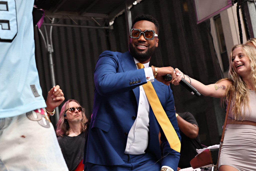 Lawrence Jones appears on stage as Flo Rida performs at Fox & Friends Summer Concert Series at Fox News Studios on July 28, 2023 in New York City. 