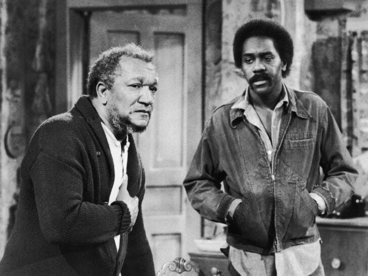 American actors Red Foxx (1922 - 1991) (left) Demond Wilson in a still from the television series, 'Sanford And Son,' c. 1974.