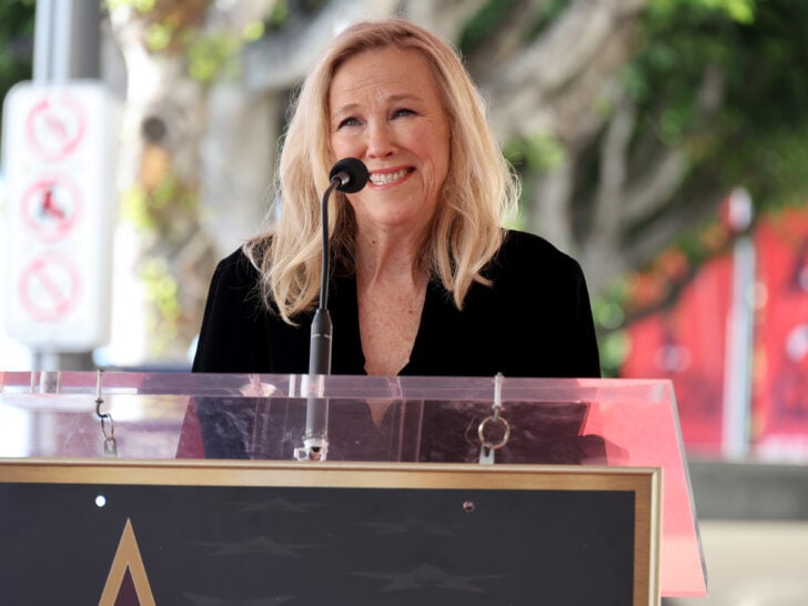 Catherine O'Hara speaks onstage during the ceremony honoring Macaulay Culkin with a Star on the Hollywood Walk of Fame on December 01, 2023 in Hollywood, California.