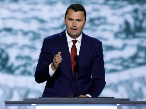 CEO of Turning Point USA Charlie Kirk speaks on stage on the first day of the Republican National Convention at the Fiserv Forum on July 15, 2024 in Milwaukee, Wisconsin.