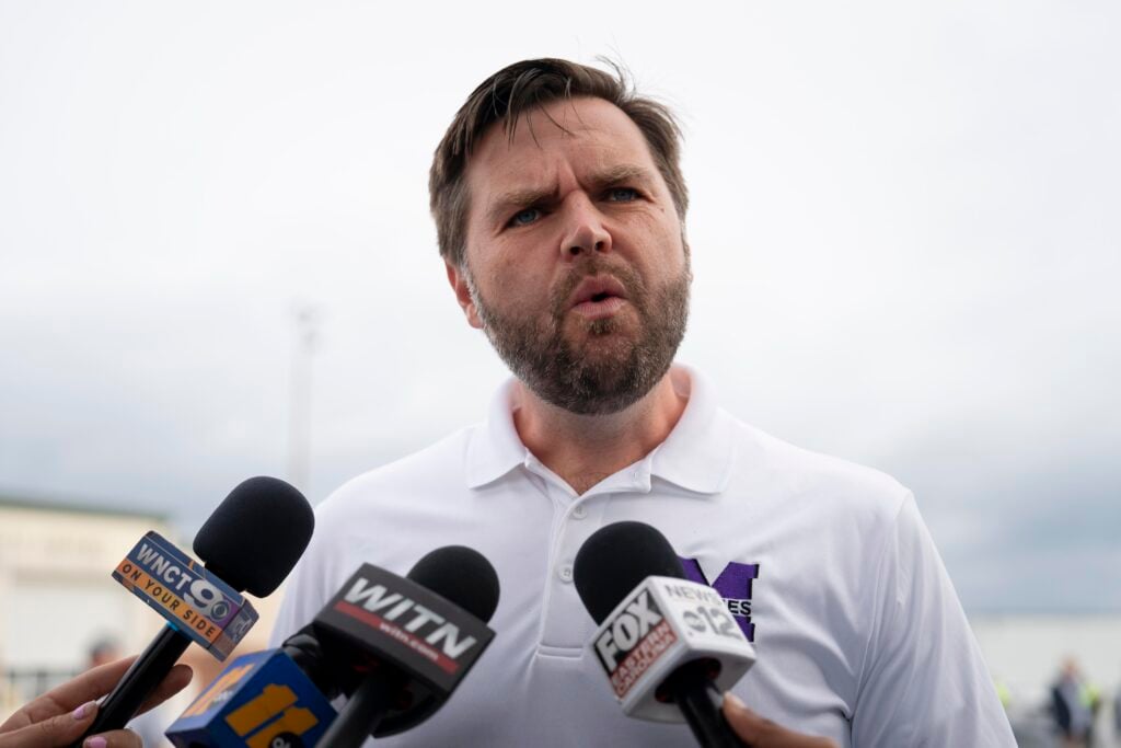 Republican vice presidential nominee, U.S. Sen. J.D. Vance (R-OH) speaks with media at the airport before he departs on September 14, 2024 in Greenville, North Carolina. 