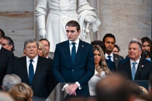 Barron Trump arrives at the inauguration of U.S. President-elect Donald Trump in the U.S. Capitol Rotunda on January 20, 2025 in Washington, DC.