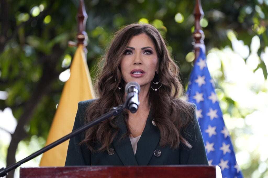 U.S. Homeland Security Secretary Kristi Noem speaks during a press briefing with Ecuador's Minister of Interior John Reinberg at the Ecuadorian Presidential Palace on July 31, 2025 in Quito, Ecuador. 