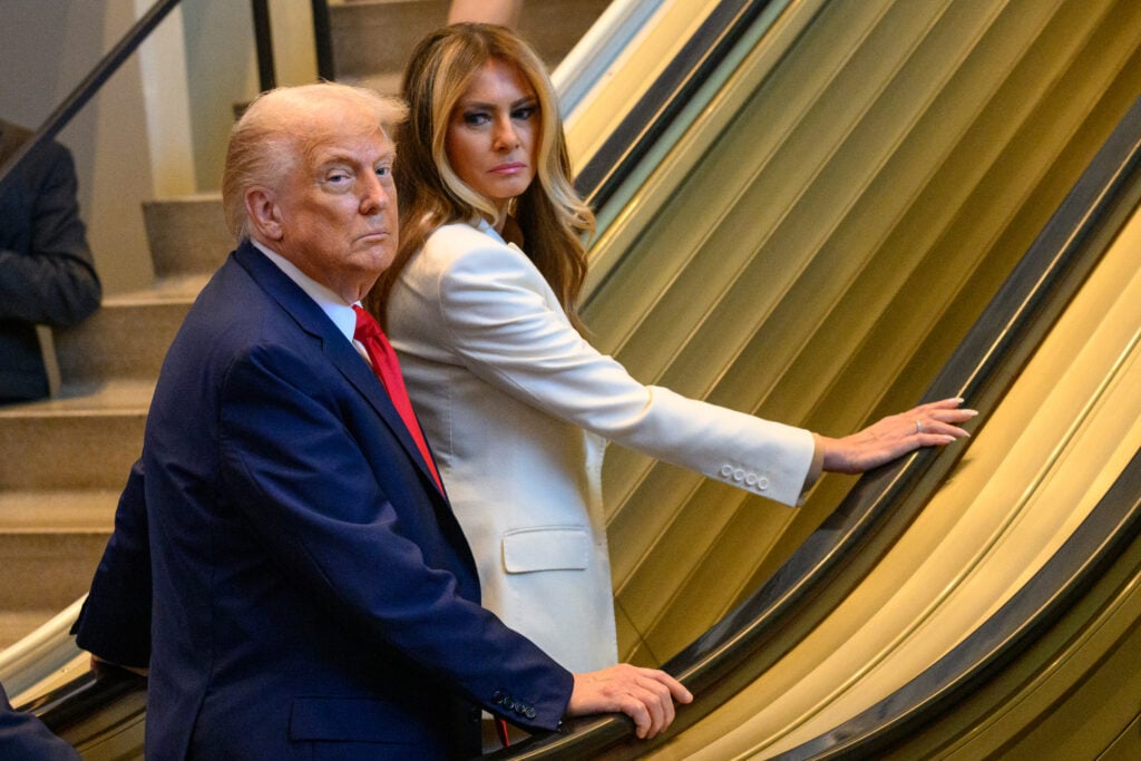 U.S. President Donald Trump and first lady Melania Trump step on an escalator as they arrive for the 80th session of the UNâ€™s General Assembly (UNGA) on September 23, 2025 in New York City.