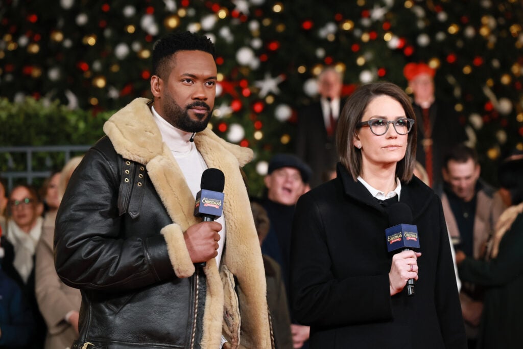 Lawrence B. Jones and Jessica Tarlov speak at the 6th Annual All-American Christmas Tree Lighting at Fox News Channel Studios on November 21, 2025 in New York City.