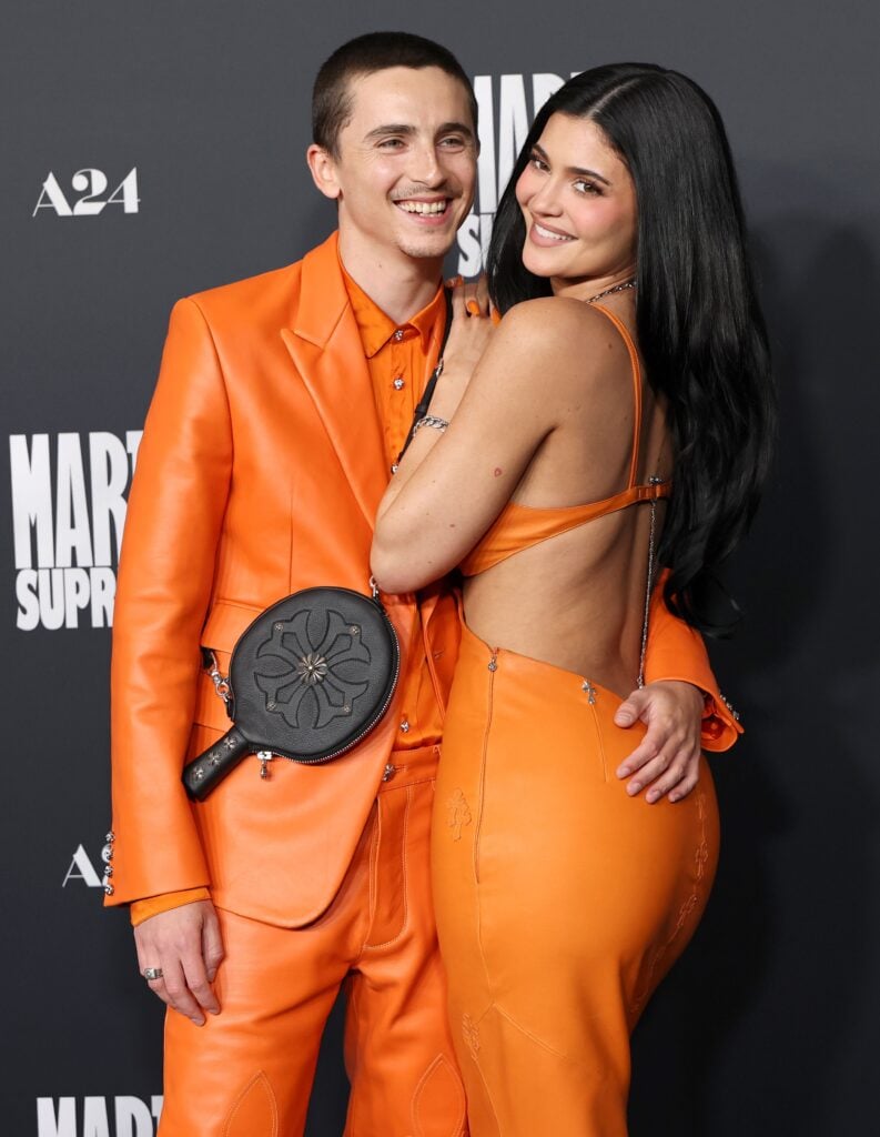 TimothÃ©e Chalamet and Kylie Jenner attend the Los Angeles premiere of A24's "Marty Supreme" at Samuel Goldwyn Theater on December 08, 2025 in Beverly Hills, California. 