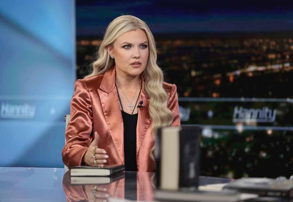 Erika Kirk discusses the newly released book "Stop, In The Name of God: Why Honoring The Sabbath Will Transform Your Life" on "Hannity" at Fox News Channel Studios on December 08, 2025 in New York City. 