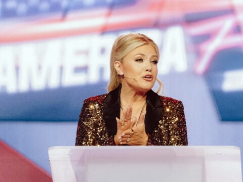 Turning Point USA CEO Erika Kirk, widow of right-wing political activist Charlie Kirk, speaks during Turning Point's annual AmericaFest conference in Phoenix, Arizona on December 18, 2025.