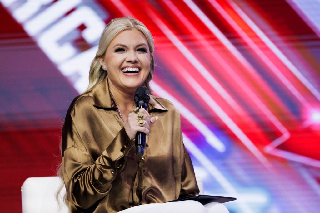 Erika Kirk interviews surprise guest Nicki Minaj on the final day of Turning Point USA's annual AmericaFest conference at the Phoenix Convention Center on December 21, 2025 in Phoenix, Arizona. 