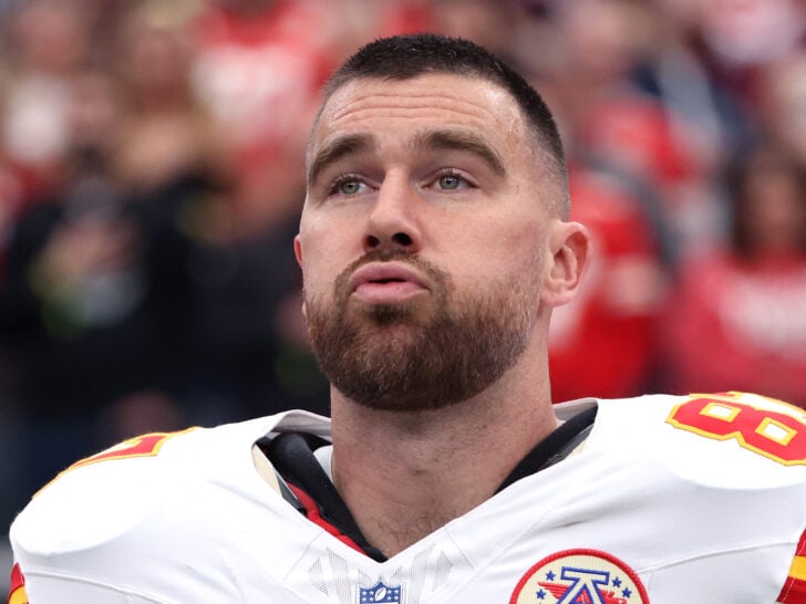Travis Kelce #87 of the Kansas City Chiefs looks on during the National Anthem prior to the game against the Las Vegas Raiders at Allegiant Stadium on January 04, 2026 in Las Vegas, Nevada.