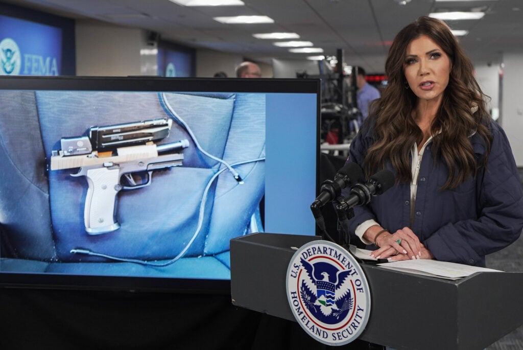 U.S. Secretary of Homeland Security Kristi Noem speaks during a news conference in the National Response Coordination Center at the Federal Emergency Management Agency (FEMA) headquarters on January 24, 2026 in Washington, DC. 