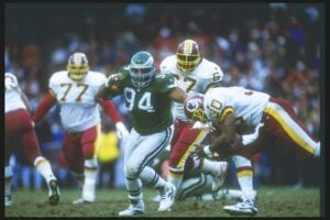Defensive lineman Kevin Johnson of the Philadelphia Eagles moves down the field during a game against the Washington Redskins at RFK Stadium in Washington, D. C. The Eagles won the game, 14-7.
