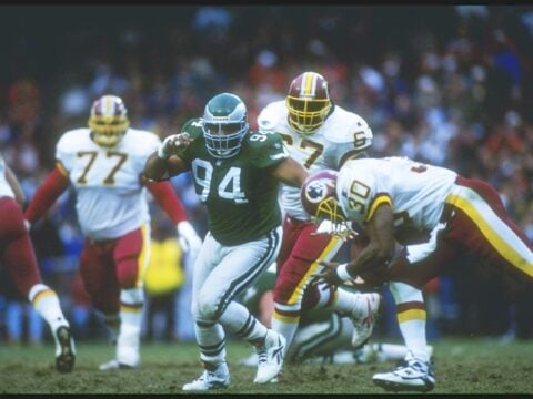 Defensive lineman Kevin Johnson of the Philadelphia Eagles moves down the field during a game against the Washington Redskins at RFK Stadium in Washington, D. C. The Eagles won the game, 14-7.