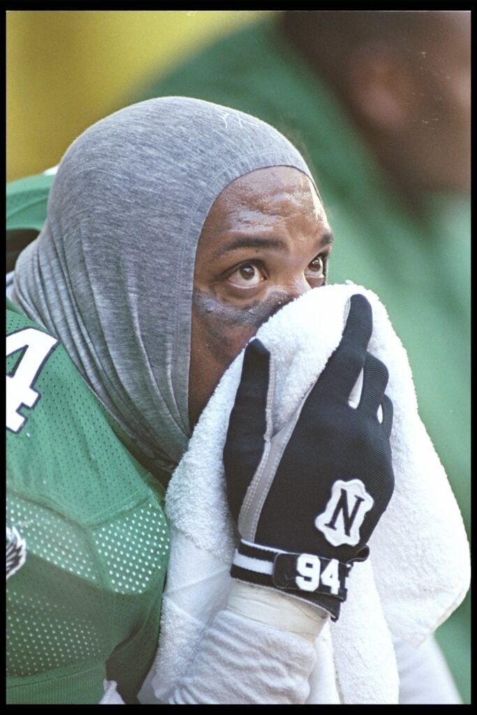Defensive lineman Kevin Johnson of the Philadelphia Eagles looks on during a playoff game against the Dallas Cowboys at Texas Stadium in Irving, Texas. 