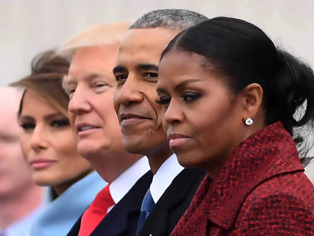 First Lady Melania Trump, President Donald Trump,former President Barack Obama, Michelle Obama at the US Capitol after inauguration ceremonies at the in Washington, DC, on January 20, 2017.