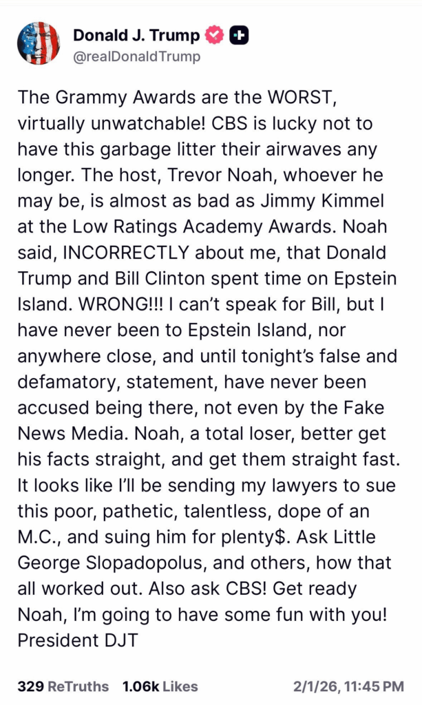 A light mode truth social screenshot of Donald Trump ranting.