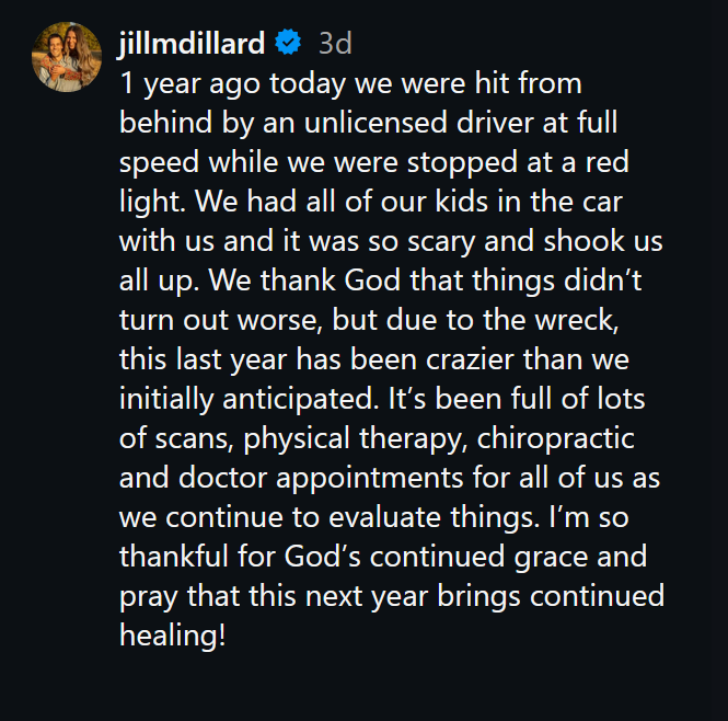 A dark mode screenshot of Jill Duggar's Instagram caption.