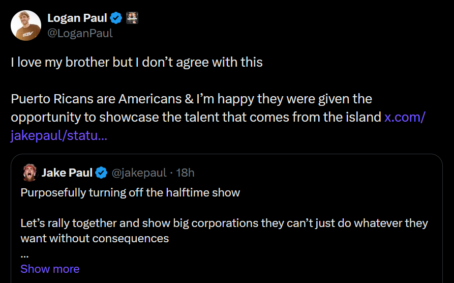 A dark mode screenshot of a tweet in which Logan Paul publicly disagrees with his brother, Jake.