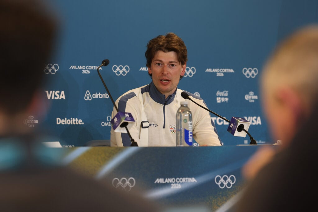 Sturla Holm Laegreid at a news conference on February 10, 2026.