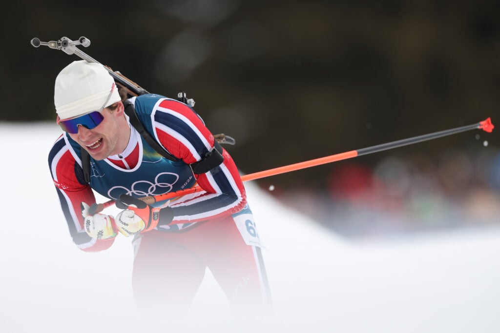 Sturla Holm Laegreid on the slopes in February 10 2026 for the Olympics.