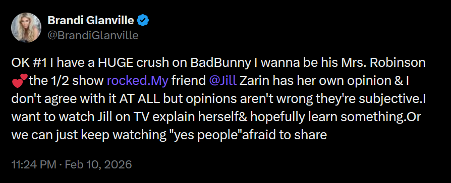 A dark mode screenshot of Brandi Glanville's tweet.
