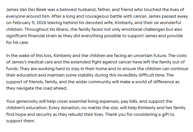 Texto de GoFundMe para la recaudación de fondos de James van der Beek después de su muerte.