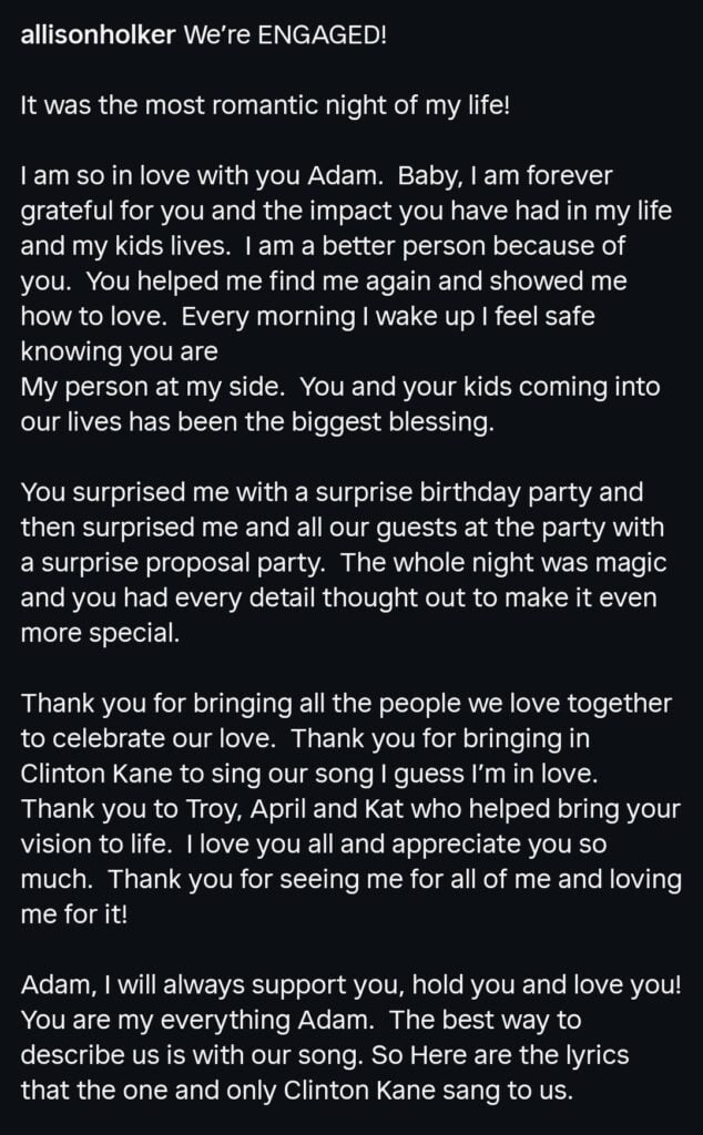 Febrero de 2026 Captura de pantalla en modo oscuro del título de Instagram de Allison Holker.