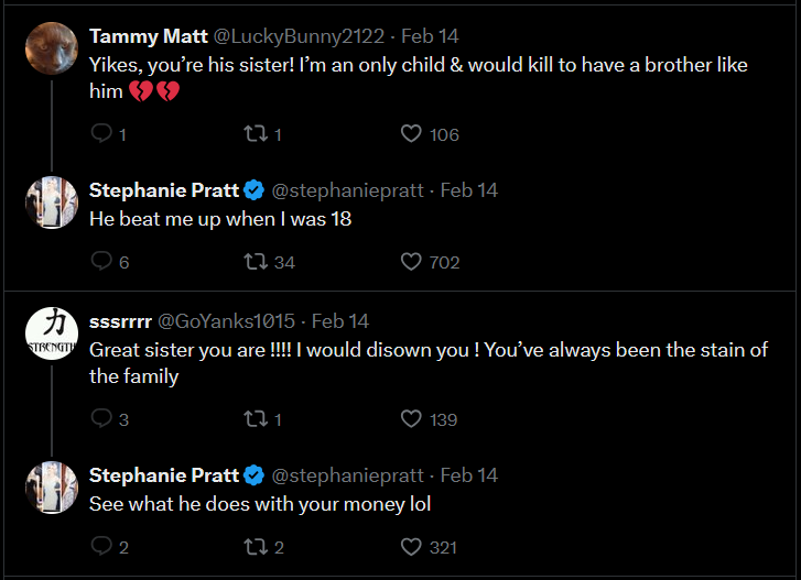 A dark mode screenshot of Stephanie Pratt responding to backlash on Twitter.
