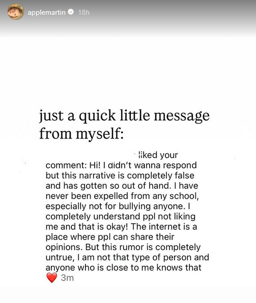 Historia de Instagram de Apple Martin.