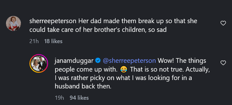 Jana Duggar quashes a rumor in a dark mode instagram comment.