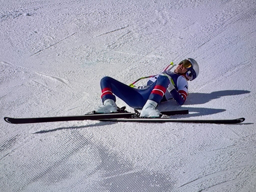 Lindsey Vonn crashes on February 8, 2026 at the Winter Olympics.