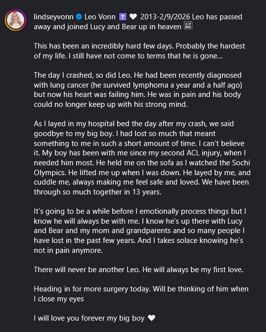 A dark mode Instagram caption screenshot from Lindsey Vonn.