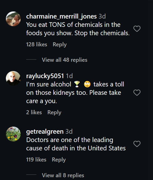 Captura de pantalla de Instagram en modo oscuro de los comentarios que responden a Bethenny Frankel.