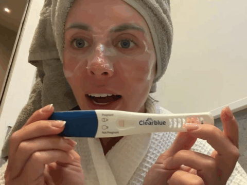 Bonnie Blue holds up an alleged positive pregnancy test.
