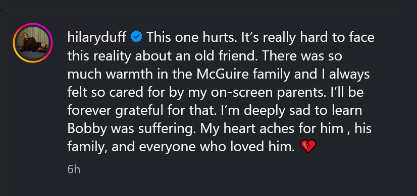 A dark mode screenshot of Hilary Duff's Instagram caption.