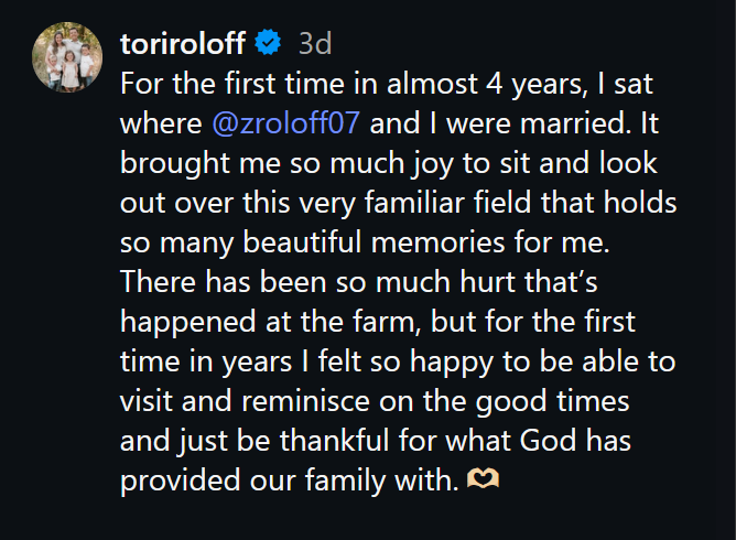 A dark mode Instagram screenshot of Tori Roloff's caption.