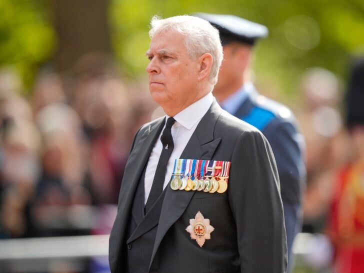 Prince Andrew, Duke of York walks behind the coffin during the ceremonial procession of the coffin of Queen Elizabeth II from Buckingham Palace to Westminster Hall on September 14, 2022 in London, United Kingdom.